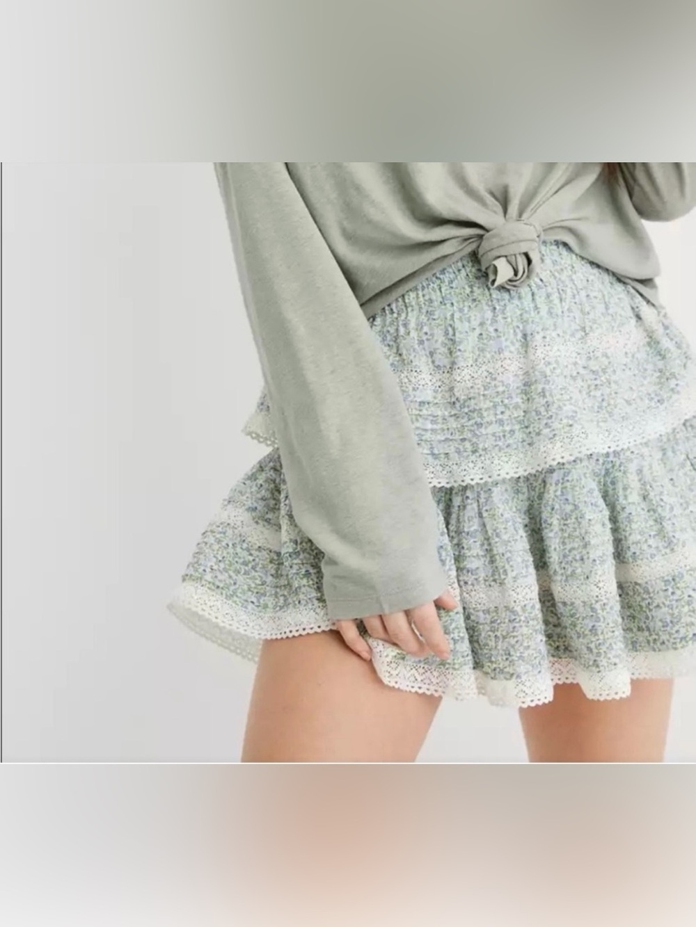 Aerie Floral Rock N Ruffle Mini Skirt In Green And White Size L